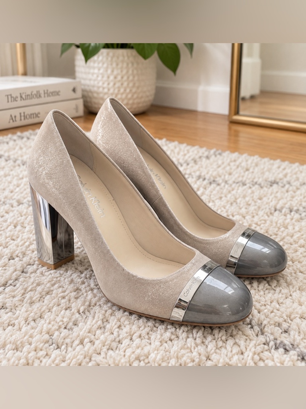 Calvin Klein Champagne Suede Pumps with Gray Patent Toe and Silver Trim sz8